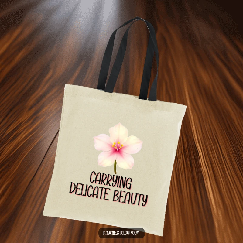 Funny tiny glowing blossom tote bag with delicate translucent petals, perfect for humorous shopping.