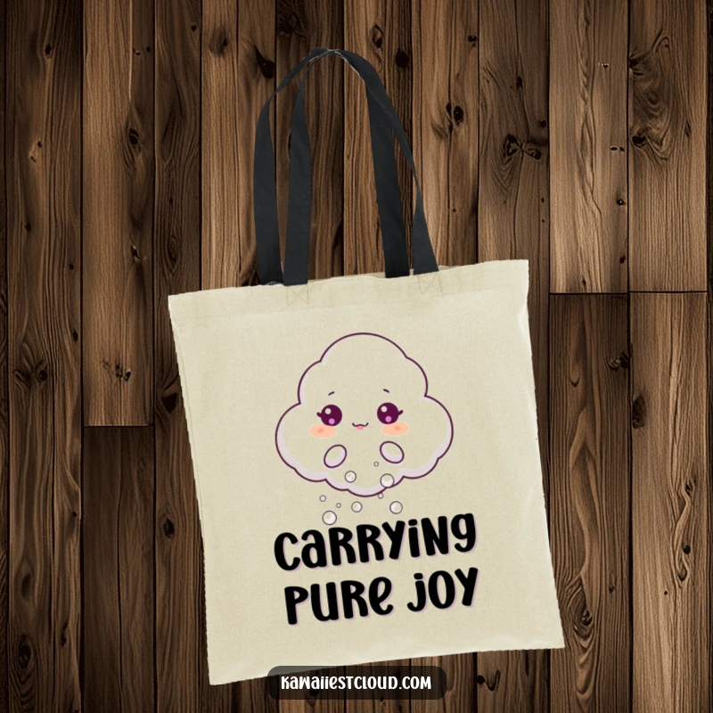 Funny tote bag illustrating a beaming cloud character puffing out numerous tiny, shimmering bubbles, adding a touch of magic and humor.