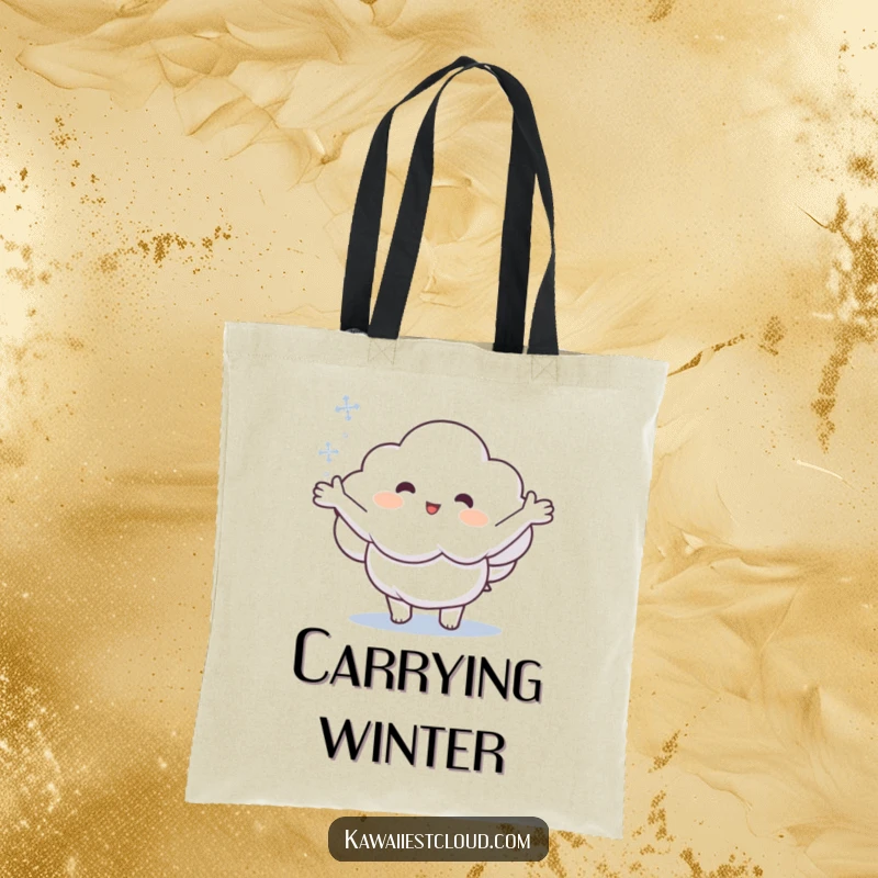 Funny tote bag showing a cartoon cloud reaching out its arms to catch a delicate snowflake, celebrating winter.