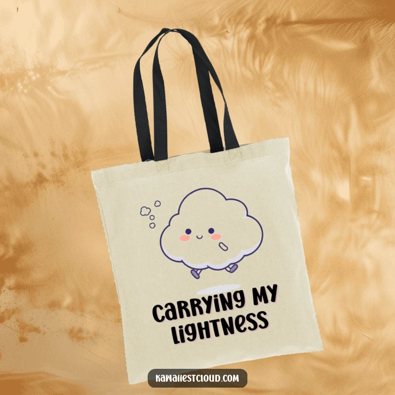 Funny cloud hop tote bag with a character attempting a silly hop, leaving a puff of vapor, symbolizing playful action and energy.