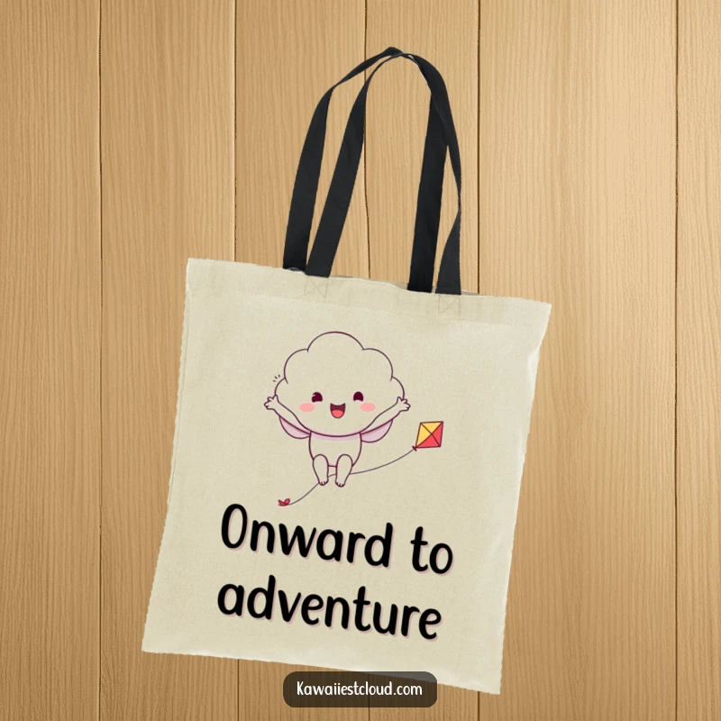 Funny tote bag illustrating a cloud character joyfully riding a tiny kite, arms spread wide for maximum fun.