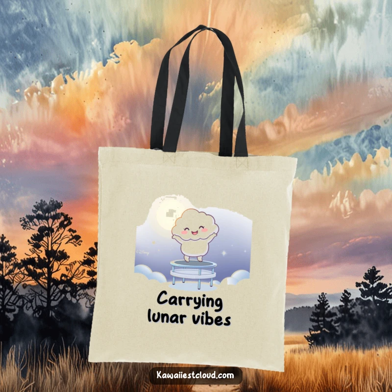 Funny Tote Bag: A happy cloud character making incredible leaps on a glowing trampoline made of moonlight.
