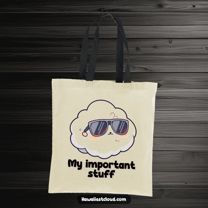 Funny cool cloud tote bag with a character sporting oversized sunglasses, showcasing a confident and stylish, laid-back personality.