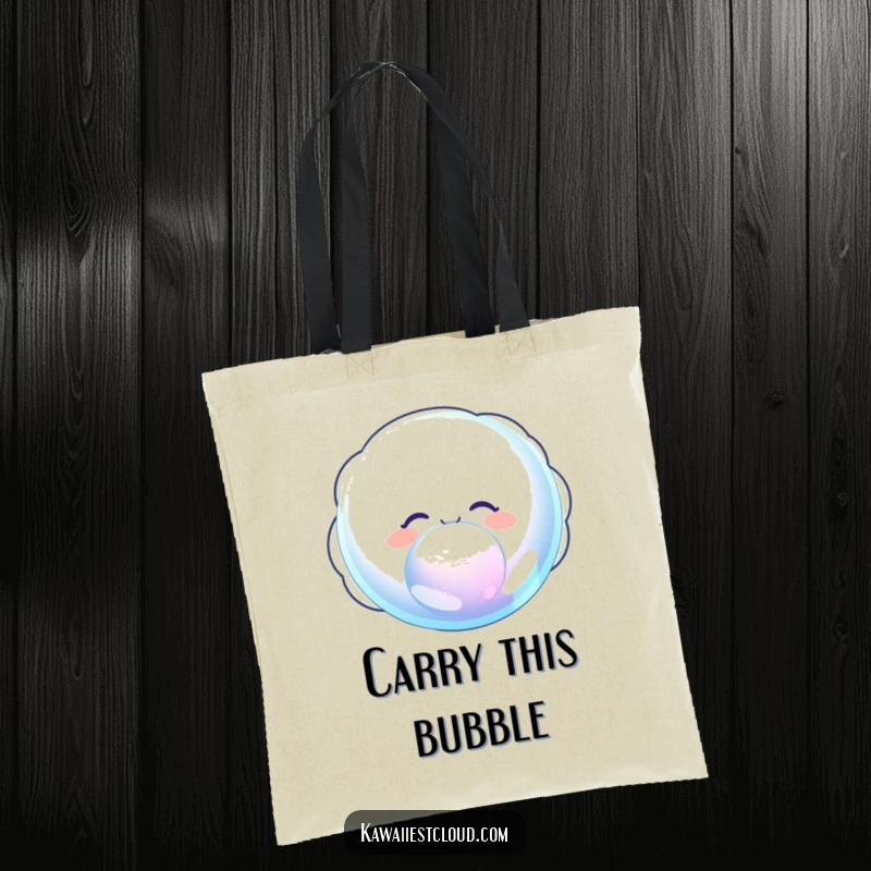 Funny tote bag featuring a delighted cloud character joyfully blowing a giant, iridescent bubble, perfect for essentials.