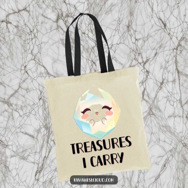 Funny sparkling gem tote bag radiating a gentle, welcoming light, perfect for humorous shopping.