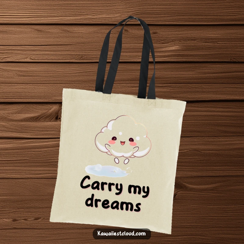 Funny tote bag featuring a happy cloud character joyfully bouncing on a shimmering, ethereal surface, perfect for essentials.