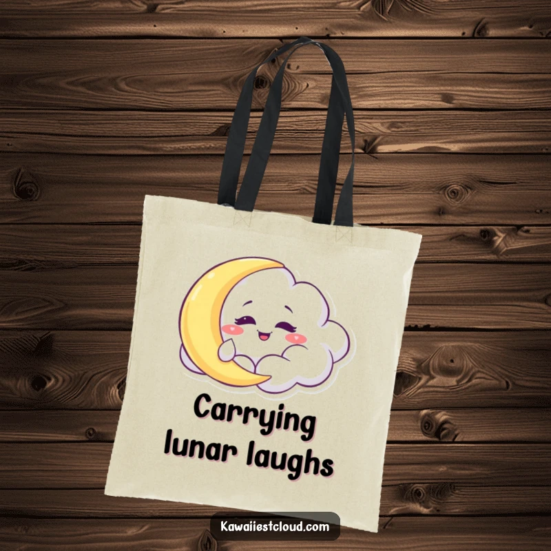 Funny Tote Bag: A mischievous cloud character with a grin, playfully tickling a sleepy moon in the night sky.