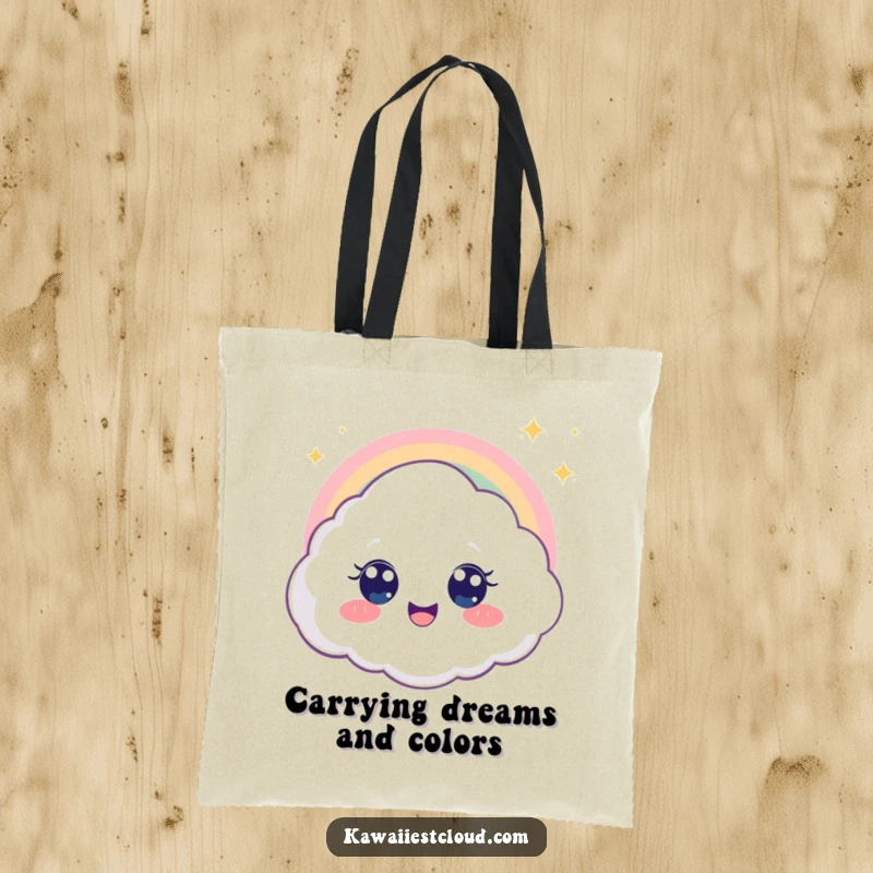 Funny tote bag featuring a delighted cloud character with big eyes gazing at a rainbow, perfect for carrying essentials and joy.
