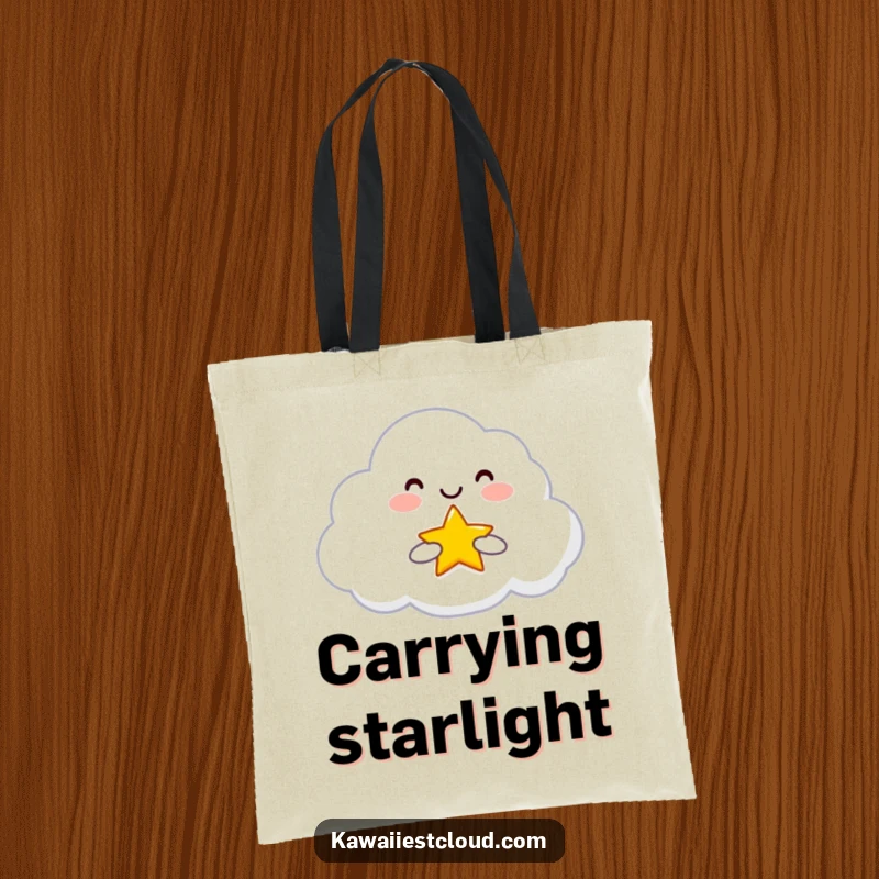 Funny Tote Bag with a smiling cloud character holding and offering a tiny, bright star, perfect for carrying essentials with meaning.