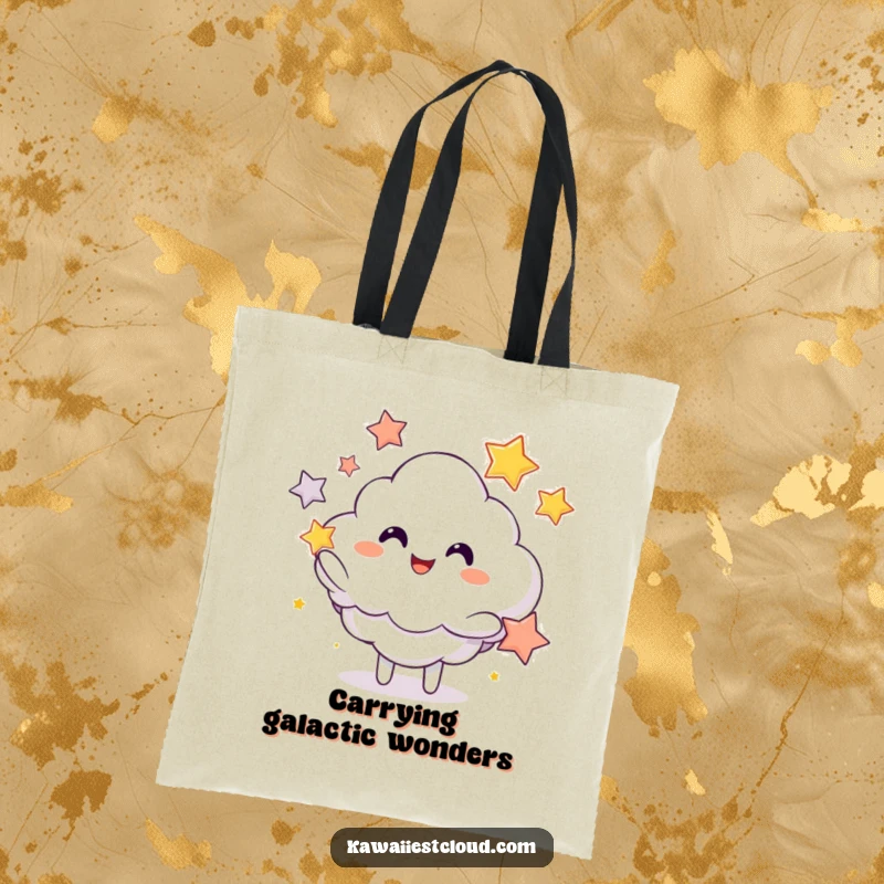 Funny tote bag with a playful cloud character artistically juggling shimmering stars, perfect for everyday whimsical use.