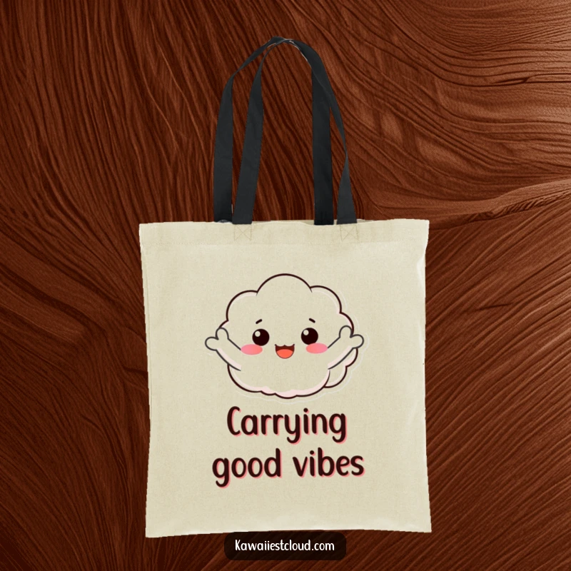 Funny tote bag with a smiling cloud character extending its puffy arms in a joyful and friendly wave.