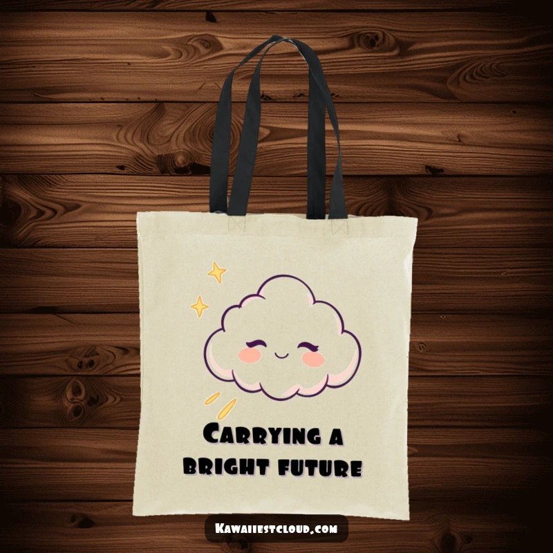 Funny winking cloud character leaving a trail of light on a durable tote bag, for cheerful shoppers.