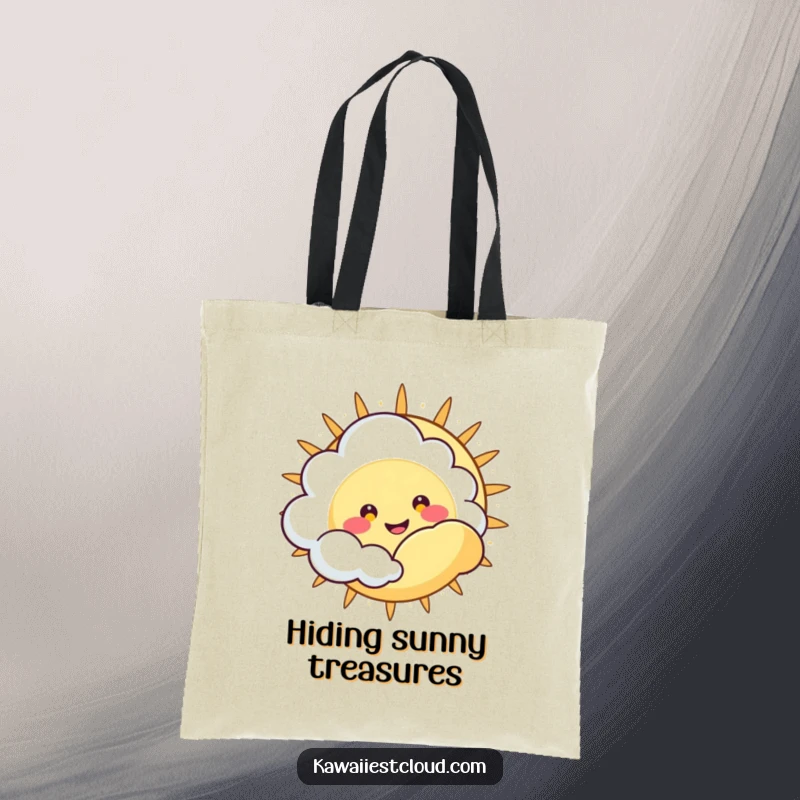 Funny Tote Bag: Cute cloud character with a happy, wide grin peeking from behind a large sun, perfect for smiles.