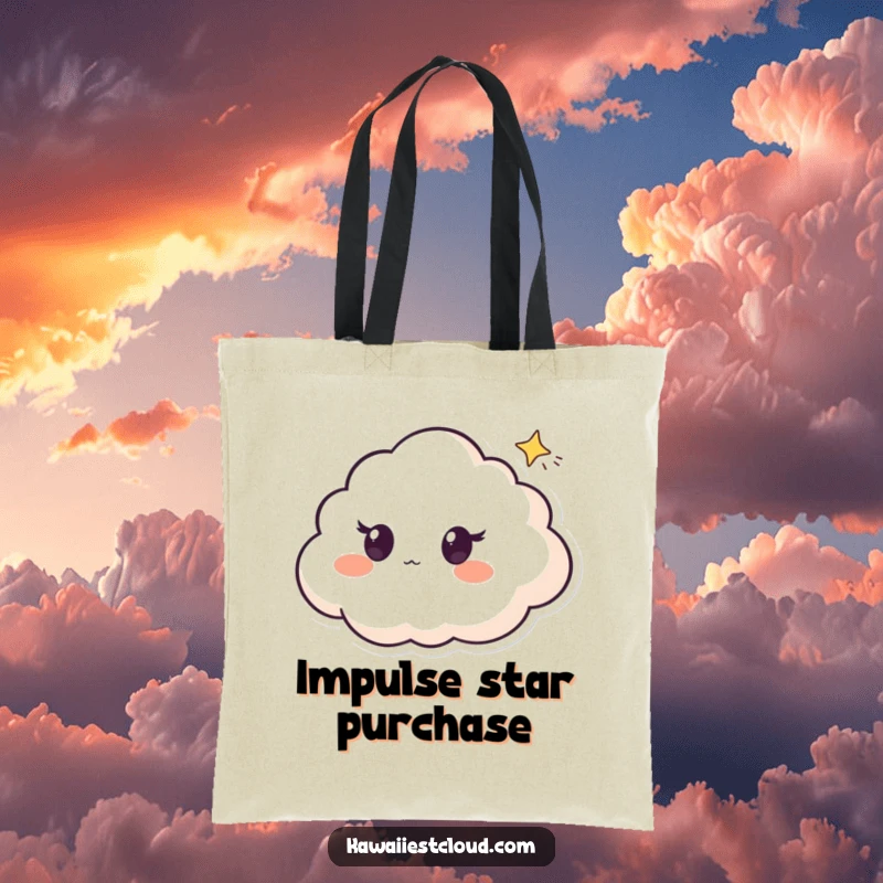 Funny tote bag featuring a surprised cloud character with wide eyes observing a tiny, beautiful shooting star in the night sky.