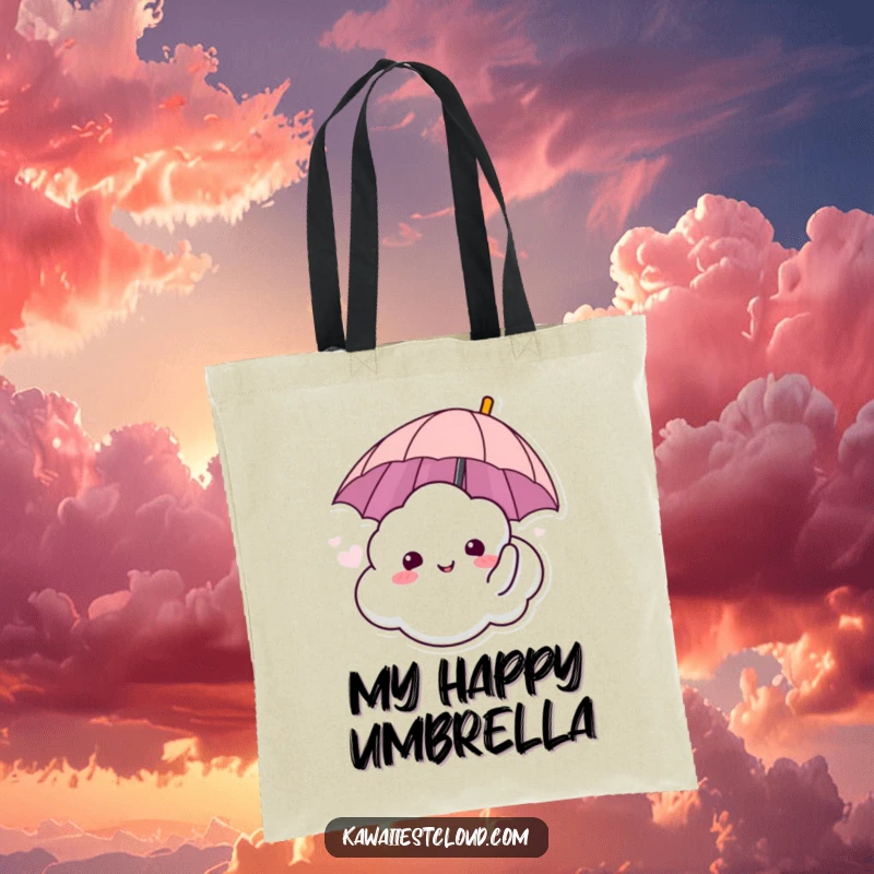 Funny tote bag featuring a cloud character with a happy sigh holding an umbrella, a symbol of relaxation and humor.