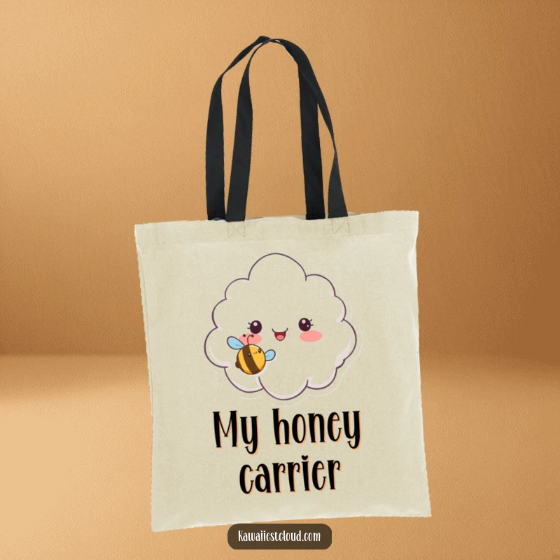 Funny tote bag featuring a surprised cloud character looking at a tiny, smiling bee buzzing nearby, perfect for carrying essentials.