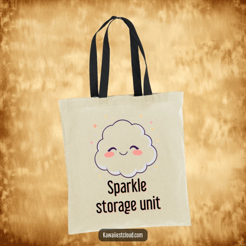 Funny tote bag with a giggling cloud showering sparkling glitter, a stylish and humorous accessory for carrying essentials.