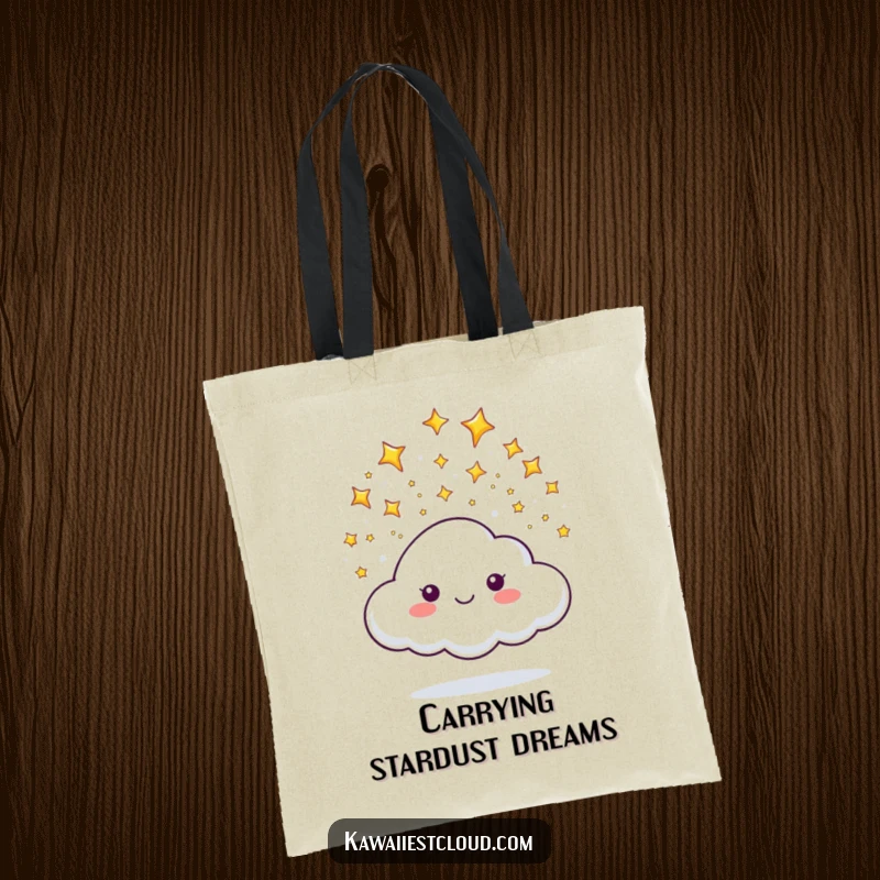 Funny tote bag showcasing a cloud character happily showering tiny, sparkling stars, perfect for carrying magical items.